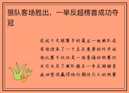 狼队客场胜出，一举反超榜首成功夺冠