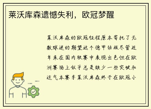 莱沃库森遗憾失利，欧冠梦醒