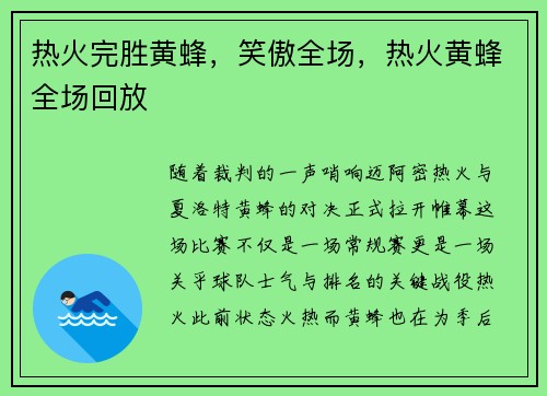热火完胜黄蜂，笑傲全场，热火黄蜂全场回放