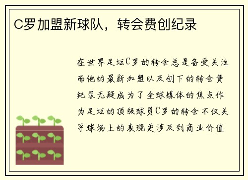 C罗加盟新球队,转会费创纪录 C罗加盟新球队,转会费创纪录