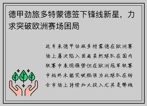 德甲劲旅多特蒙德签下锋线新星，力求突破欧洲赛场困局